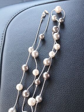 Multi-Strand Pearl Accent Necklace in White and Gray